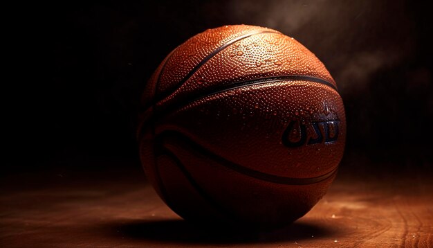 Un pallone da basket si trova su un pavimento di legno al buio.