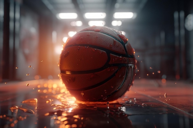 Un pallone da basket sul pavimento con sopra delle gocce d'acqua