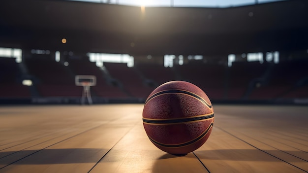 Un pallone da basket sul pavimento di un campo da basket