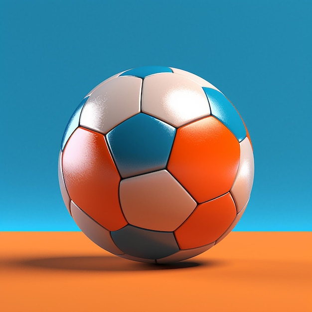 Un pallone da calcio blu e bianco si trova su una superficie arancione.