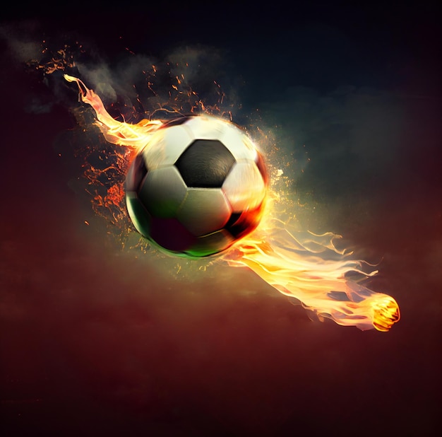 Un pallone da calcio che vola in aria con fuoco e fiamma ardente o fiammata