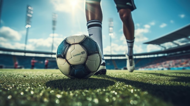 Un pallone da calcio da calciare in uno stadio soleggiato