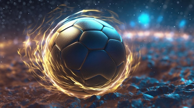Un pallone da calcio è circondato da uno sfondo blu.