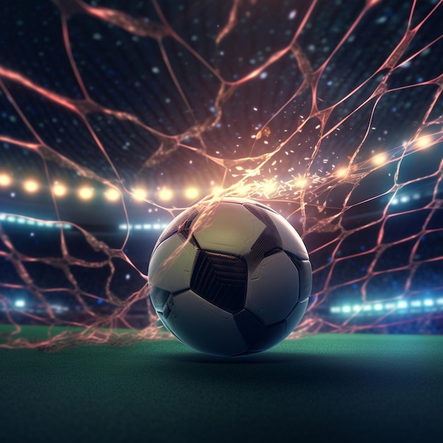 un pallone da calcio è in una rete con la parola calcio sopra.