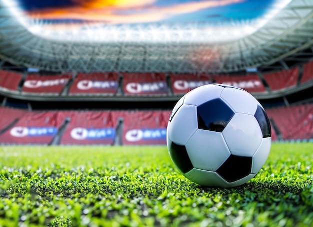 Un pallone da calcio è sull'erba davanti a uno stadio con sopra la parola qantas.