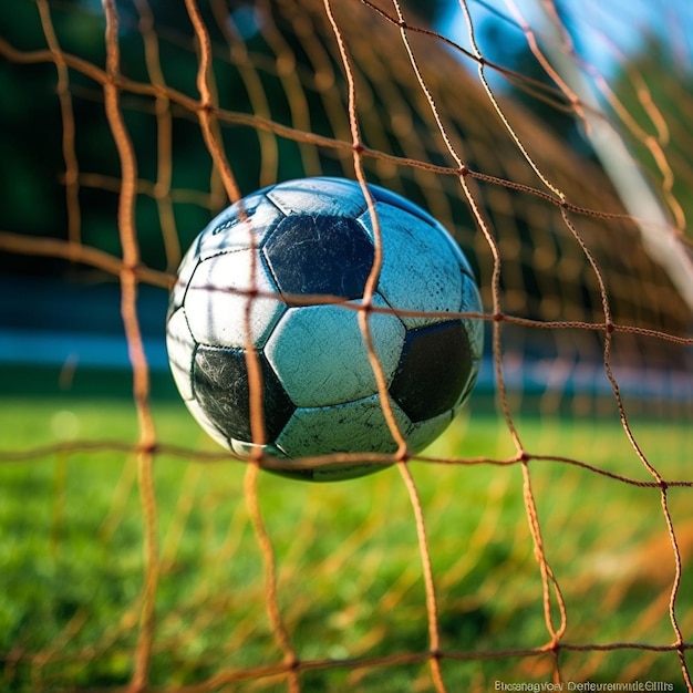 un pallone da calcio è sulla linea di porta e la porta è in aria