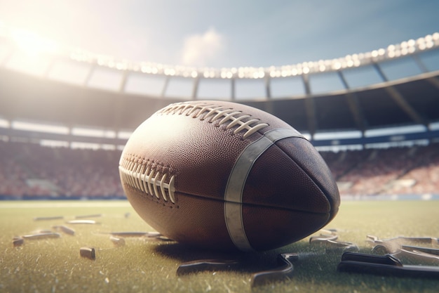 Un pallone da calcio in campo in uno stadio con gradinate sullo sfondo.