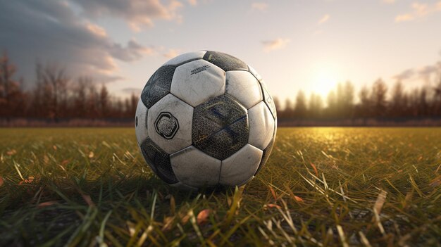 Un pallone da calcio in un campo con un cielo blu sullo sfondo ai generativo