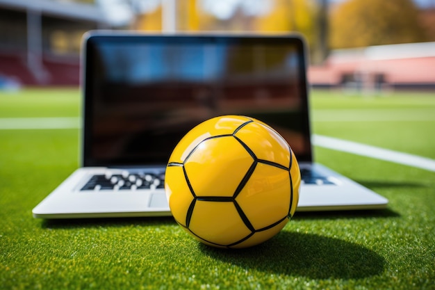 Un pallone da calcio seduto sopra un computer portatile