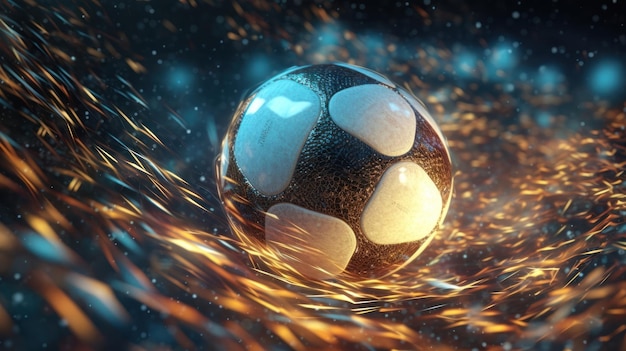 Un pallone da calcio sta volando attraverso uno sfondo blu con fiamme e fumo.