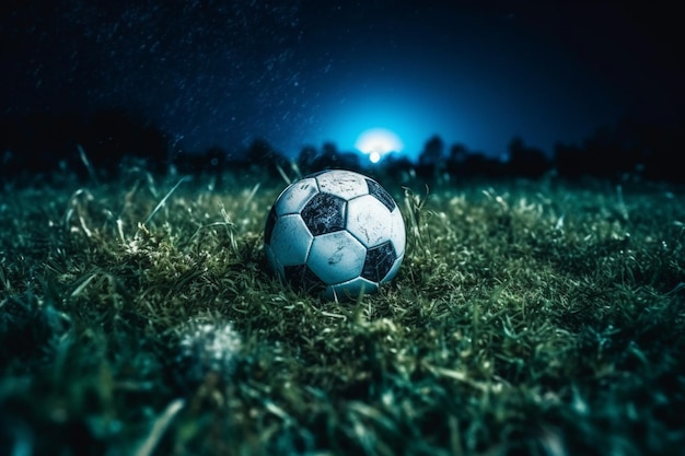 Un pallone da calcio su un campo di notte