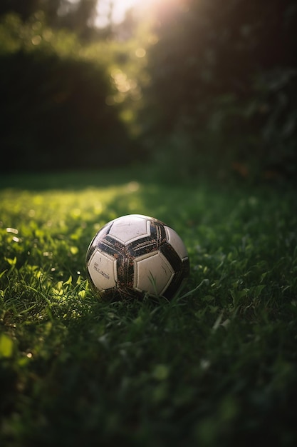 Un pallone da calcio sull'erba al sole