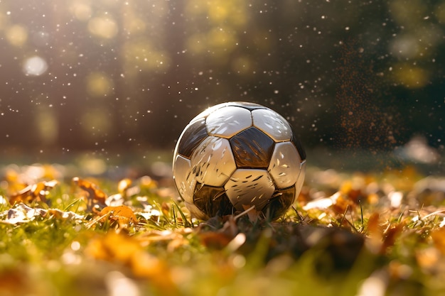 Un pallone da calcio sull'erba al sole