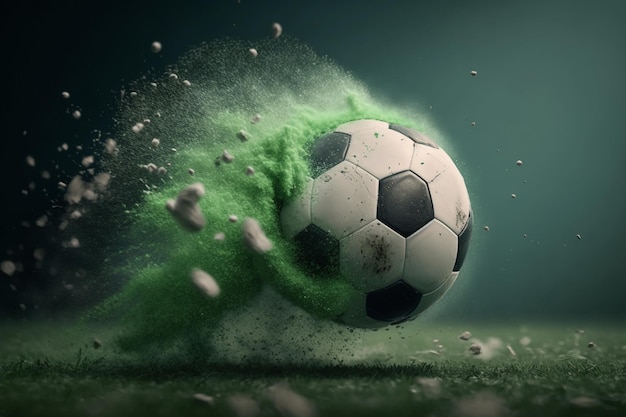 Un pallone da calcio viene spruzzato con polvere verde.