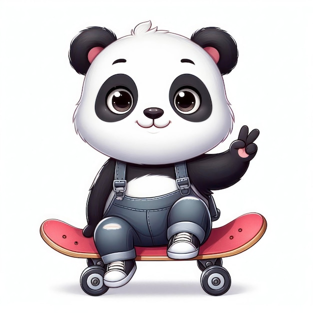 Un panda carino che guida uno skateboard su uno sfondo bianco