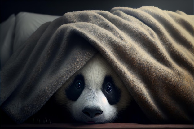 Un panda carino giace sotto la coperta generata dall'AI.