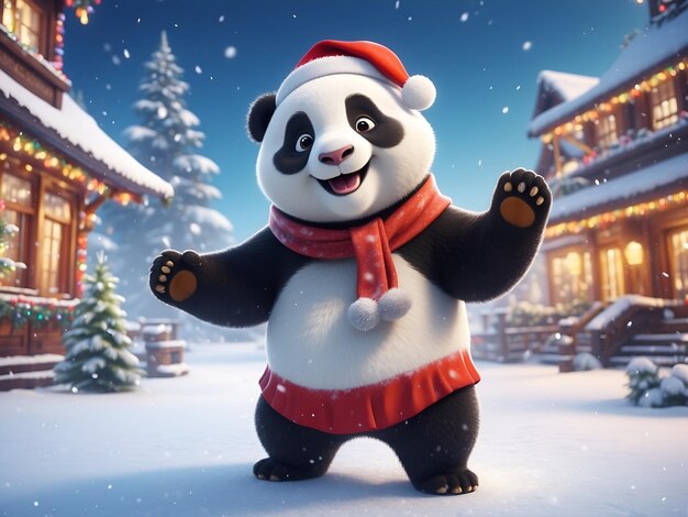 Un panda carino in abiti festivi che gioca con la neve sullo sfondo natalizio