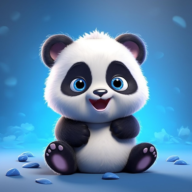 Un panda cartone animato con gli occhi azzurri si siede su uno sfondo blu.