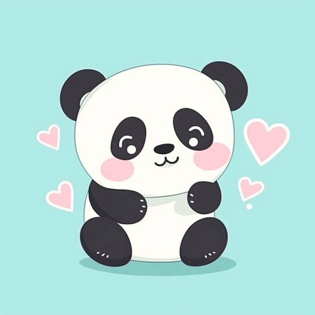 Un panda cartone animato con sfondo blu e cuori.