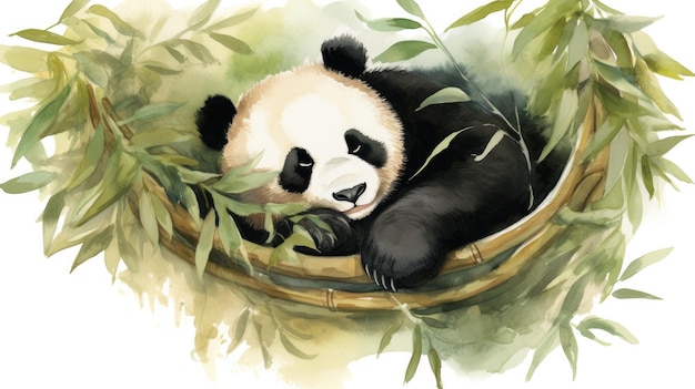 un panda che dorme in un cesto di bambù.