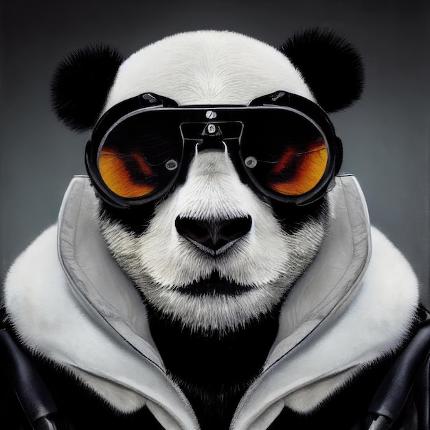 Un panda che indossa occhiali e una giacca di pelle è seduto su uno sfondo nero.
