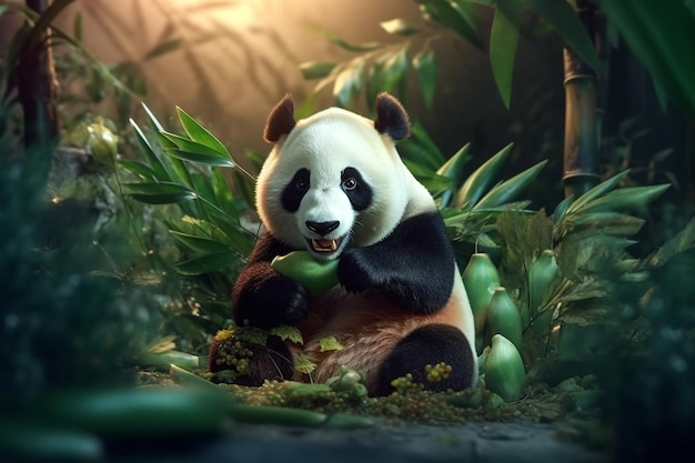 Un panda che mangia una banana in una scena nella giungla.