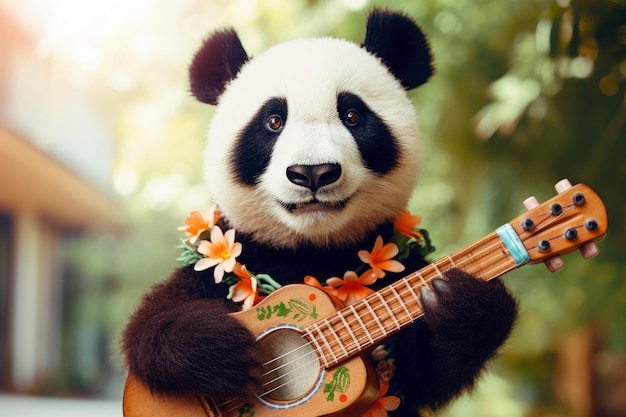 Un panda che suona un ukulele con sopra un fiore