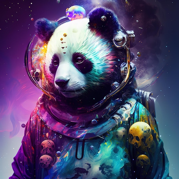 Un panda colorato è dipinto in una tuta spaziale colorata.