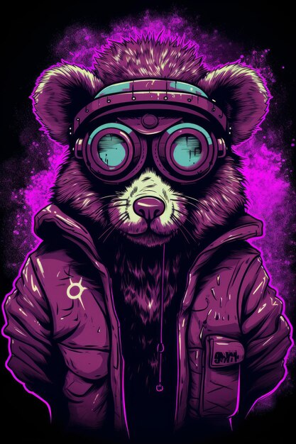 Un panda con giacca e occhiali viola.