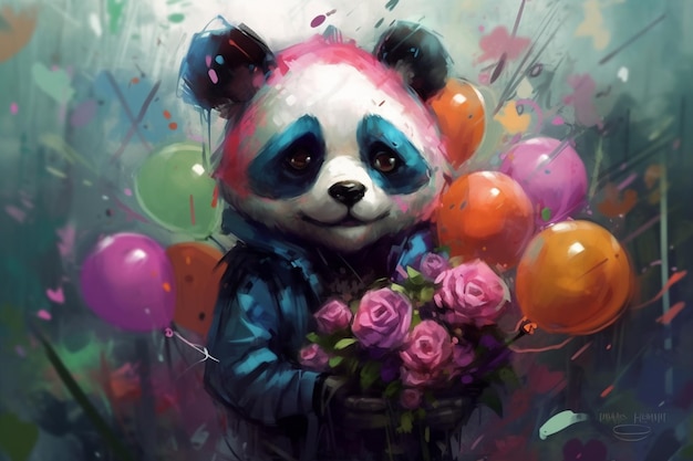 Un panda con un cesto di palloncini sullo sfondo