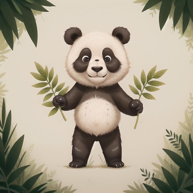 Un panda con una foglia in mano è in piedi davanti a uno sfondo di foglie.