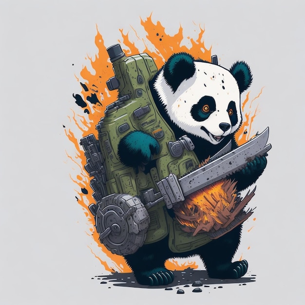 Un panda con una grossa pistola e un grande zaino tiene in mano una grande palla di fuoco.