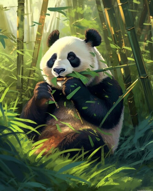 un panda dal naso nero mangia bambù.