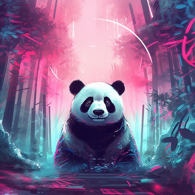 Un panda è in piedi in una foresta con uno sfondo rosa.