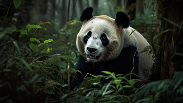 Un panda gigante che rotola giocosamente tra gli alti steli di bambù la sua energia contagiosa domina i boschi tranquilli
