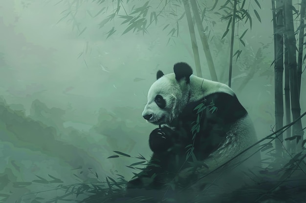 Un panda gigante solitario si siede in mezzo a una fitta foresta di bambù avvolta in una morbida nebbia eterea una commovente rappresentazione di un panda gigante Solitario che mastica bambù in una foresta di Bambù nebbiosa
