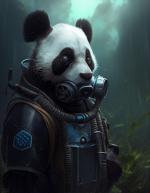 Un panda in tuta spaziale con un simbolo esagonale sul petto.