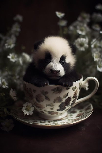 Un panda in una tazza da tè con sopra dei fiori