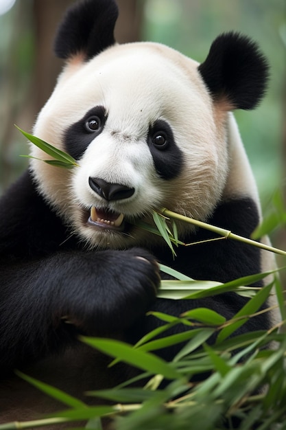 Un panda mangia bambù in uno zoo.