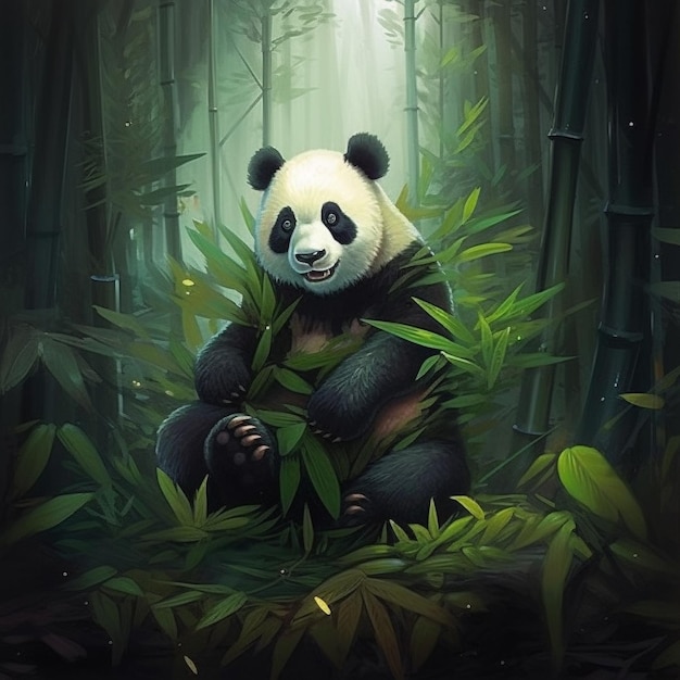 un panda nella foresta con bambù sullo sfondo.