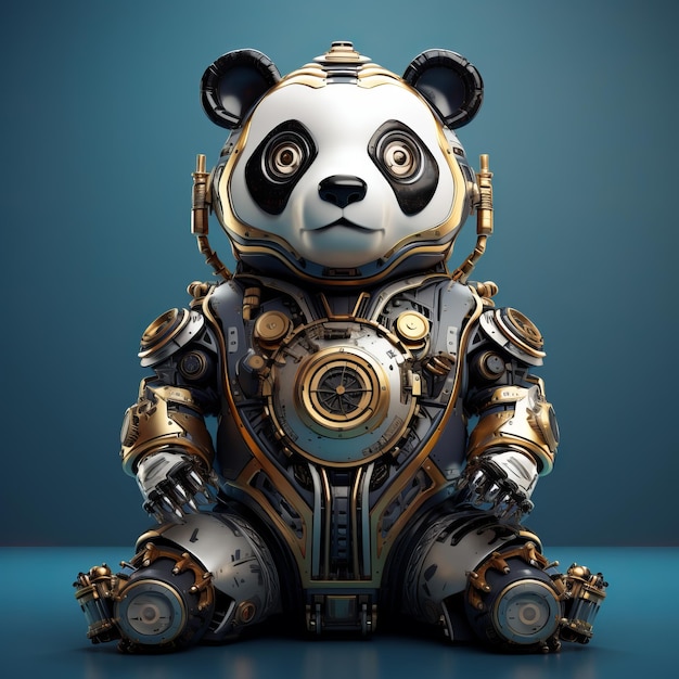 un panda robot seduto su una superficie blu