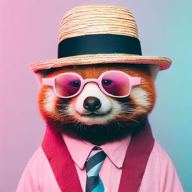 Un panda rosso con cappello e occhiali da sole indossa una camicia rosa e una cravatta.
