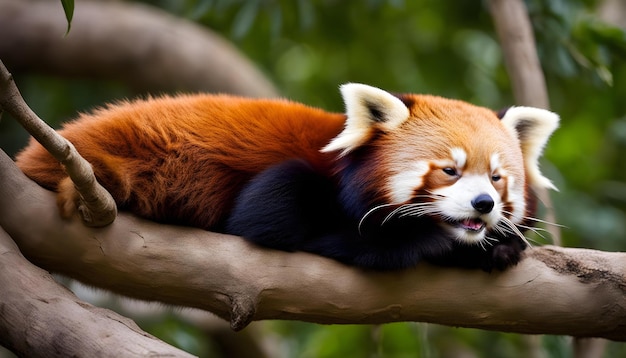 un panda rosso sta dormendo in un albero