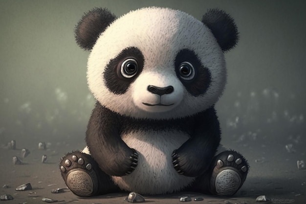 Un panda seduto a terra con uno sfondo nero e un'immagine in bianco e nero di un panda.