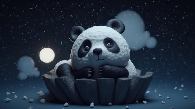 Un panda siede in una notte di luna.