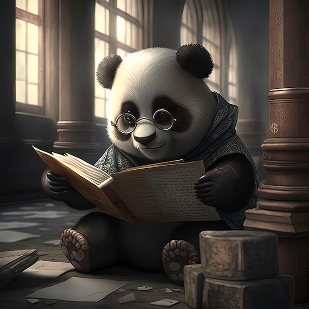 Un panda siede in una stanza buia leggendo un libro.
