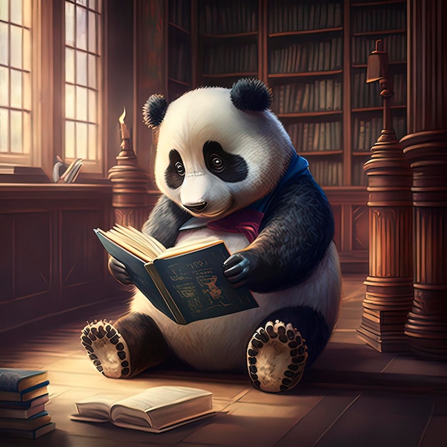 Un panda sta leggendo un libro in una biblioteca.