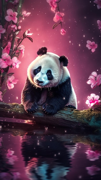 Un panda su un ramo con fiori rosa