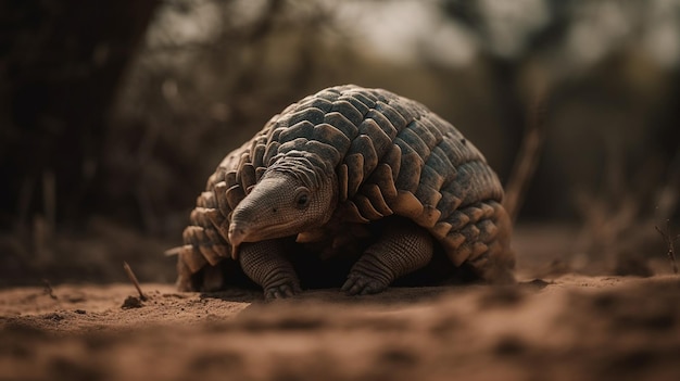 Un pangolino siede su un terreno sabbioso.