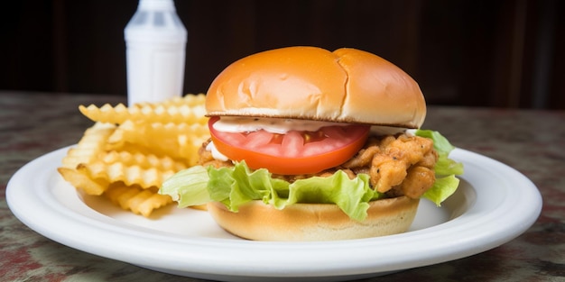 Un panino al pollo con patatine fritte e una bottiglia di latte